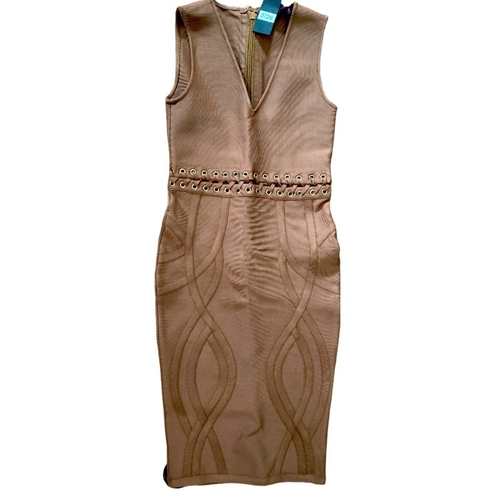 Hot Miami Styles Caramel V Neck Bandage Bodycon Dress